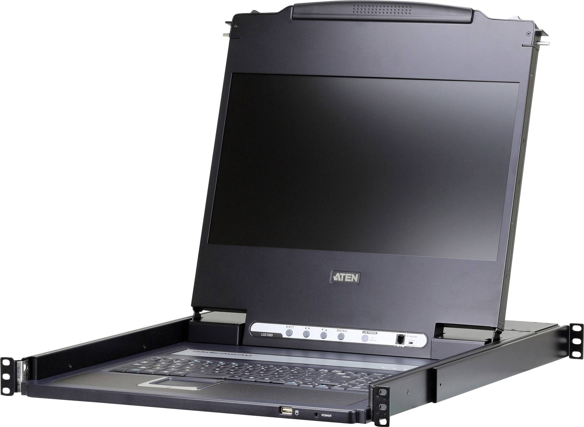 Eine schwarze Rack-montierte Konsole mit einer Tastatur, einem Touchpad und einem hochklappbaren Monitor, der einen leeren Bildschirm anzeigt, ist für die Serververwaltung konzipiert.