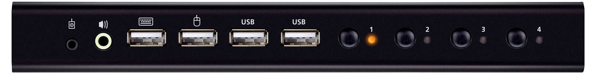 Eine Nahaufnahme eines Computer-Hubs mit vier USB-Anschlüssen, anderen Ein-/Ausgabebuchsen und Kontrollleuchten auf einem schwarzen Bedienfeld.
