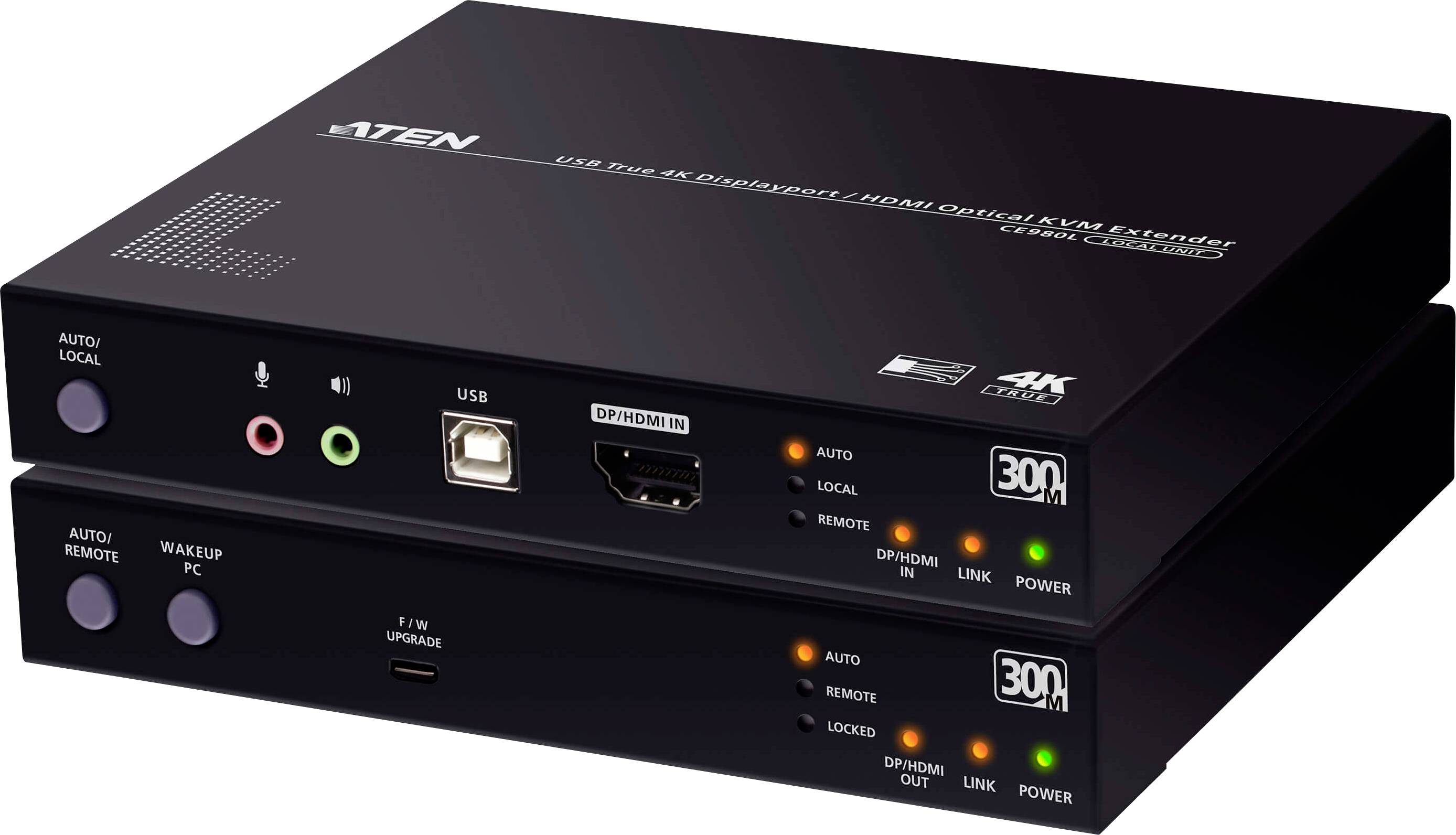 Aten USB HDMI Extender mit Bedienfeldelementen und Anschlüssen auf der Vorderseite, einschließlich HDMI- und USB-Verbindungen, Stromindikatoren und Funktionstasten.