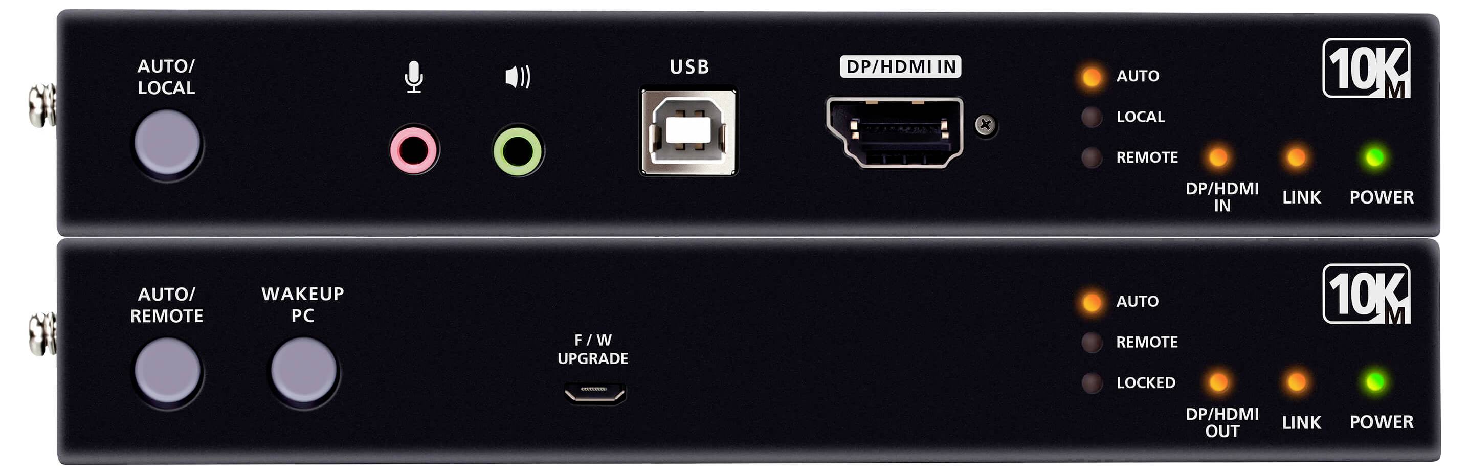 Vorderansicht von zwei übereinander gestapelten schwarzen elektronischen Geräten mit Tasten mit der Beschriftung 