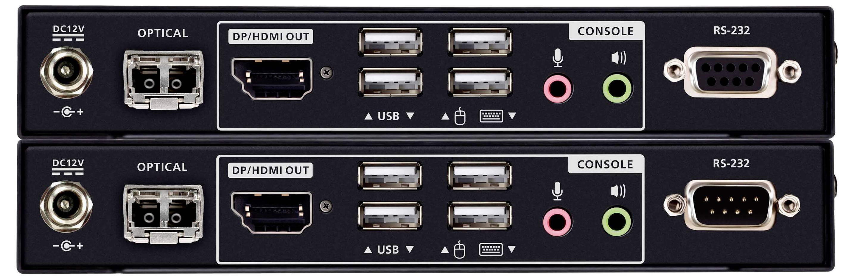 „Zwei identische, in Racks einbaubare AV-Schnittstellengeräte mit beschrifteten Anschlüssen: Optisch, DP/HDMI-Ausgang, USB, Mikrofon, Audio, RS-232. Wird für Konnektivität verwendet.