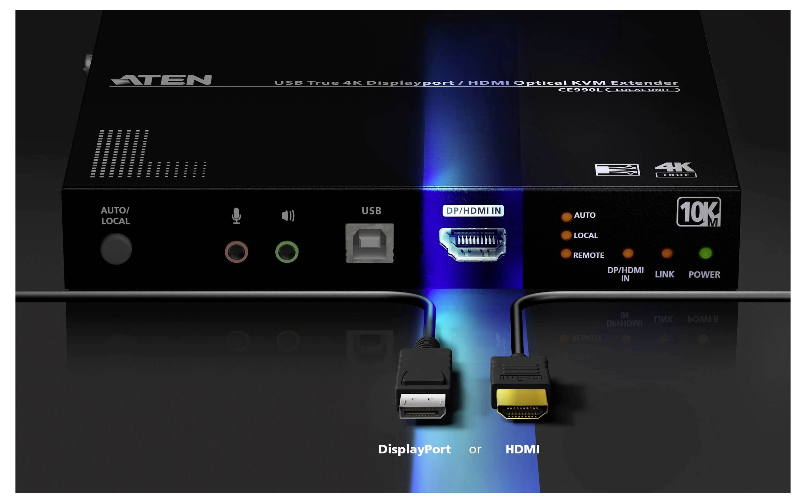 ATEN USB True 4K DisplayPort/HDMI KVM-Verlängerer mit Anschlüssen für Audio, USB, DisplayPort und HDMI sowie beschrifteten Verbindungskabeln darunter.