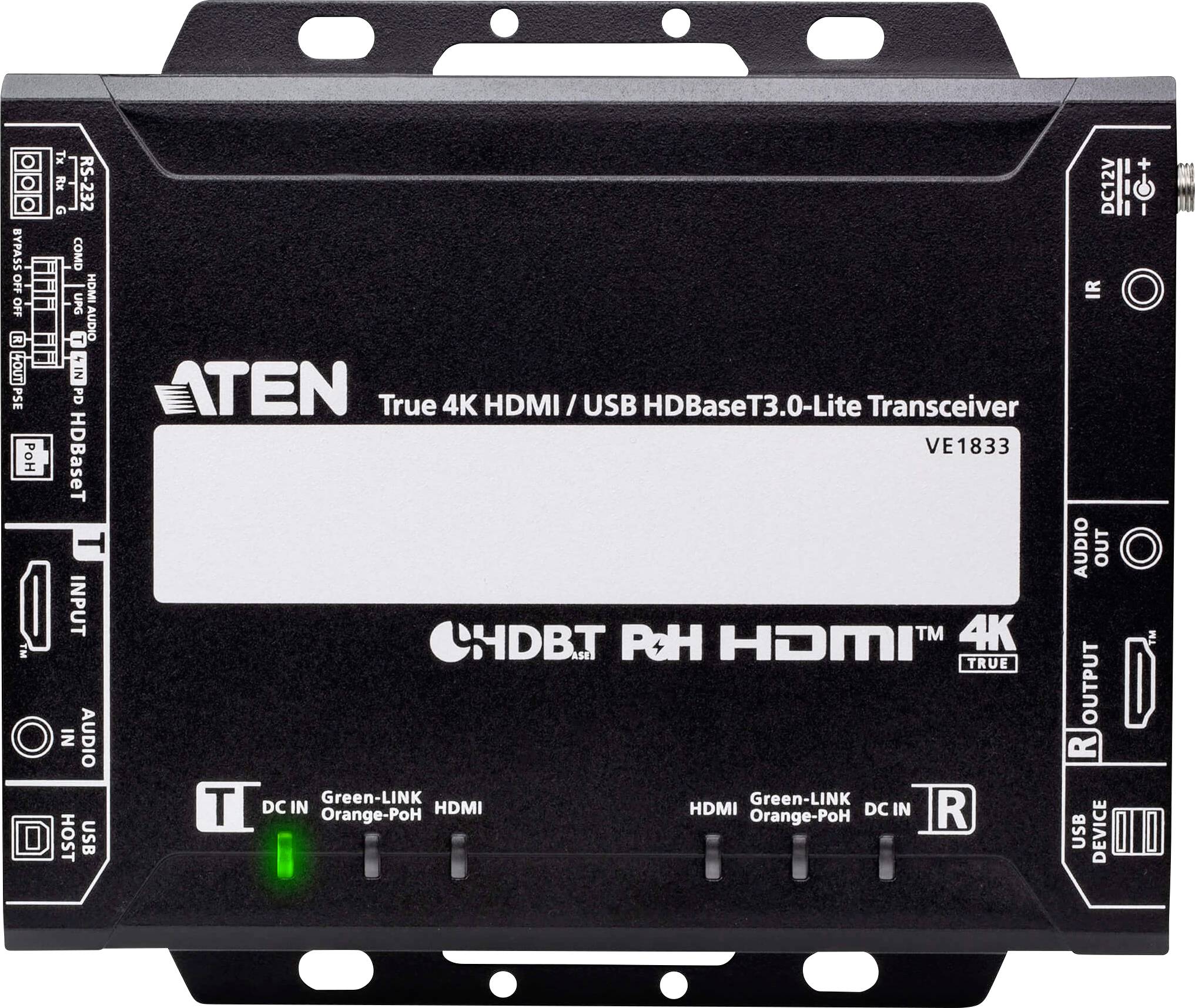 Ein schwarzes Aten VE1833 True 4K HDMI/USB HDBaseT3.0-Lite Transceiver-Gerät, das verschiedene Anschlüsse und Anzeigen für technische Einrichtung zeigt.