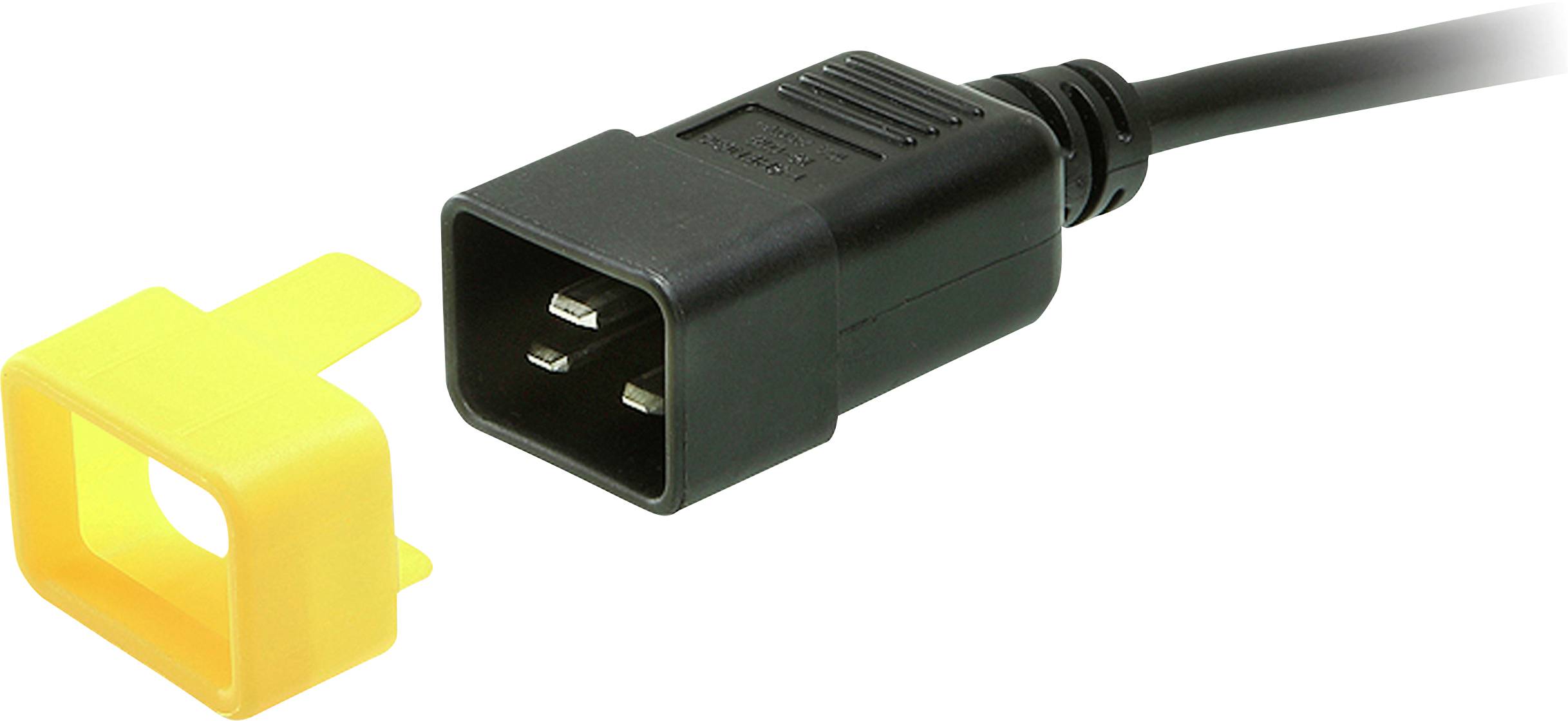 Ein schwarzer Stromstecker mit zwei Metallstiften, neben einer gelben Kunststoffabdeckung, die darauf passt, vor weißem Hintergrund.