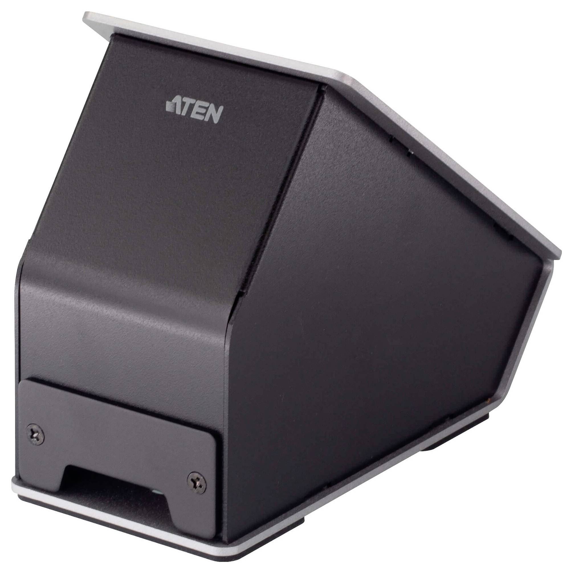 Ein schwarzes Desktop-Gerät mit geneigter Oberseite, auf der das ATEN-Logo angebracht ist, konzipiert zum Montieren oder Organisieren von Arbeitsflächen.