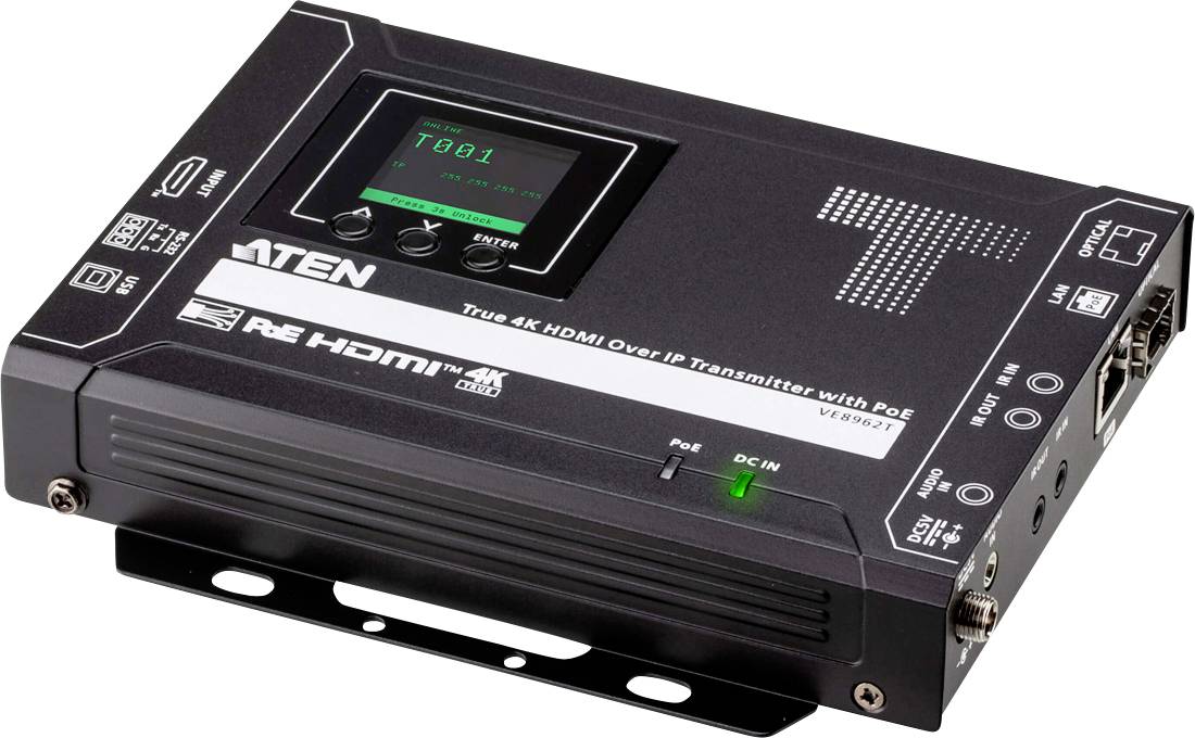 Ein schwarzer ATEN HDMI-over-IP-Sender mit verschiedenen Anschlüssen und einem digitalen Display, das 'T001' anzeigt. Er ist für die 4K-Videoübertragung konzipiert.