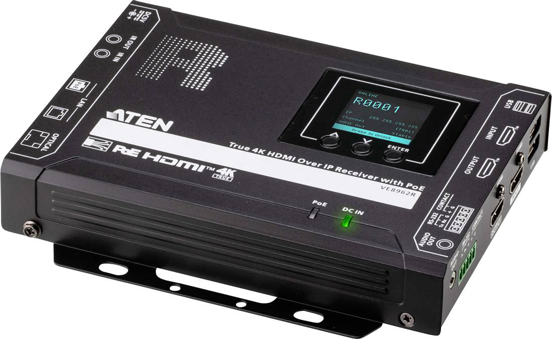 Ein HDMI-Empfänger mit Ethernet-Eingang und mehreren Anschlüssen. Das digitale Display zeigt „A0001