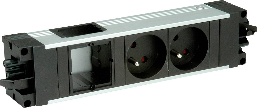 Eine modulare Steckerleiste mit zwei europäischen Steckdosen und einem leeren Modulfach, konzipiert für anpassbare Stromversorgungslösungen.