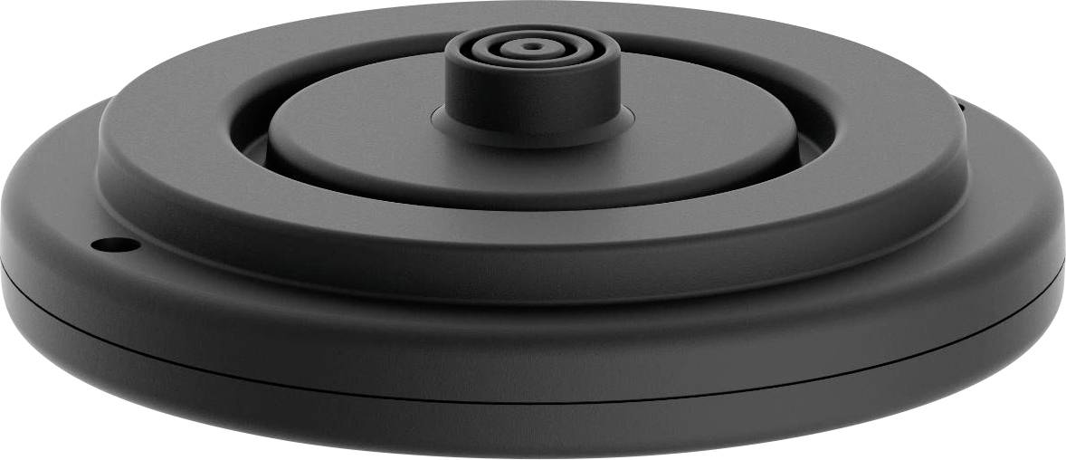 Ein schwarzes rundes mechanisches Bauteil mit einem zentralen Zylinder, geschichtetem Design und glatter Oberfläche.