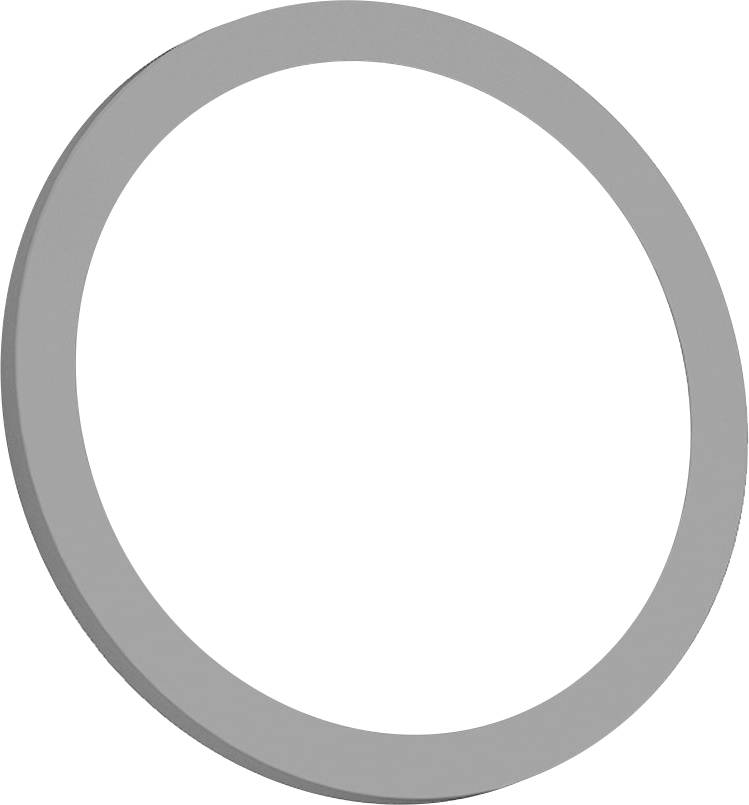 Ein flacher, grauer, kreisförmiger Ring auf einem schlichten weißen Hintergrund, aus einer leicht angewinkelten Perspektive betrachtet.