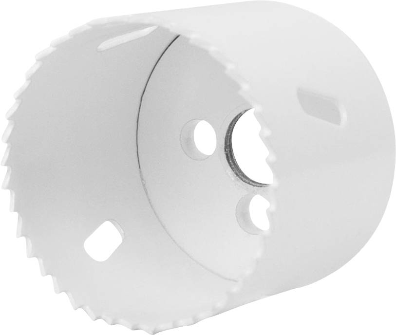 Ein Kreissäge-Lochschneider mit scharfen Zähnen, zum Schneiden von Löchern in verschiedenen Materialien konzipiert, vor einem einfachen Hintergrund dargestellt.