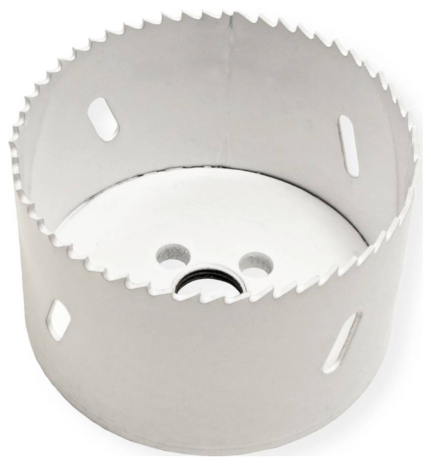 Eine metallische Lochsäge mit kreisförmiger Form und gezackten Zähnen, die zum Schneiden präziser Löcher in Materialien wie Holz oder Metall verwendet wird.