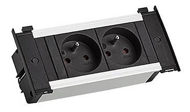 Eine schwarz-weiße doppelte Elektrosteckdose mit zwei runden Steckdosen, die in einem rechteckigen Kunststoffrahmen installiert sind.