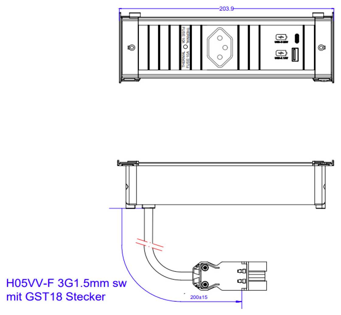 Technisches Schaltbild einer Steckdosenleiste mit Abmessungen. Die Draufsicht zeigt die Steckdosen; die Seitenansicht gibt den Kabeltyp H05VV-F 3G1,5mm mit GST18-Stecker an.