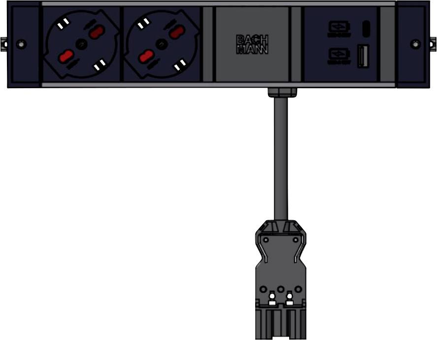 Steckerleiste mit zwei europäischen Steckdosen, zwei USB-Anschlüssen und einem Kabelsystem. Mit der Marke „Bachmann