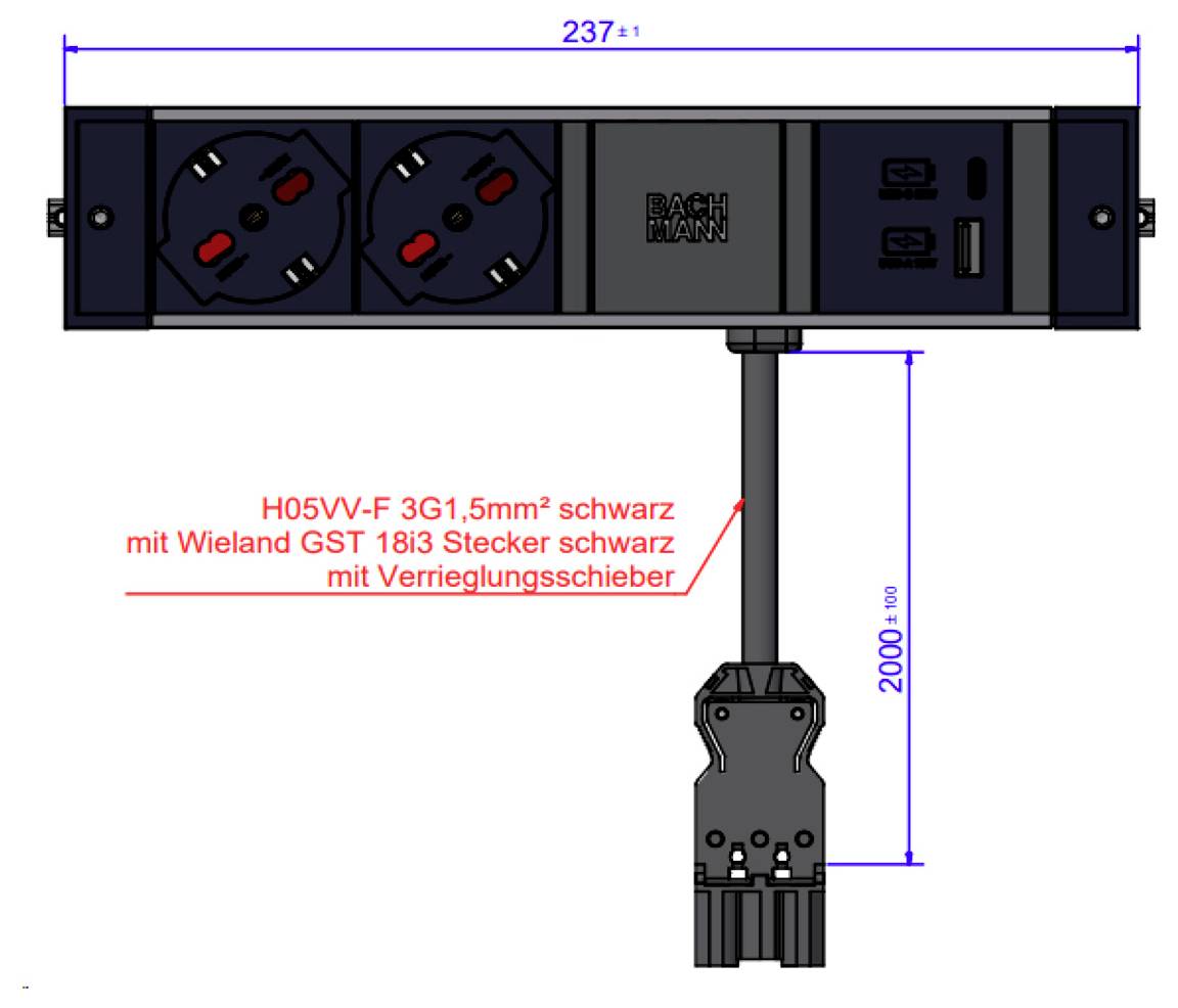Bachmann Steckerleiste mit zwei schwarzen Steckdosen und integriertem USB-Anschluss, 2000mm Kabellänge, gekennzeichnet mit H05VV-F 3G1, 1,5mm² mit GST 18i3 Stecker.