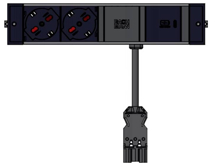 Eine schwarze Steckdosenleiste mit vier Stromanschlüssen mit roten Schaltern und einem zentralen Verbindungskabel zur Verwaltung der Stromversorgung.