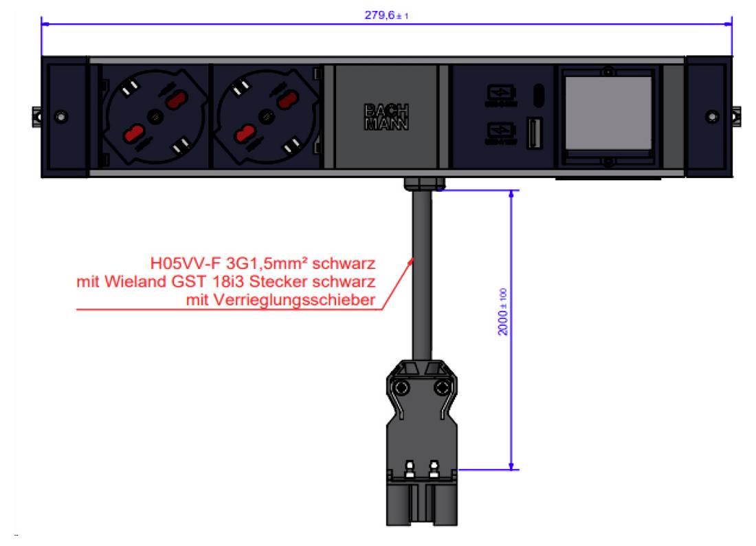 Stromleistendesign mit Abmessungen, mit drei Steckdosen, USB-Anschlüssen und gekennzeichneten Spezifikationen: H05VV-F 3G1,5mm², schwarz, mit Wieland GST 18i3-Stecker.