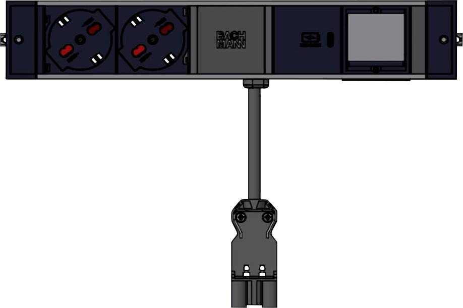 'Bachmann' Steckerleiste mit zwei Steckdosen, USB-Anschluss und Schalter, montiert auf einem vertikalen Ständer mit angeschlossenem Stromkabel.