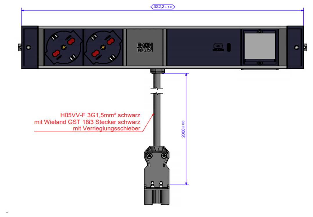 Steckerleistendesign mit zwei runden Steckdosen und einem schwarzen Schalter. Abmessungen gekennzeichnet mit 320x110x200 mm. Enthält Kabel mit deutschen Beschriftungen und spezifischen technischen Details.