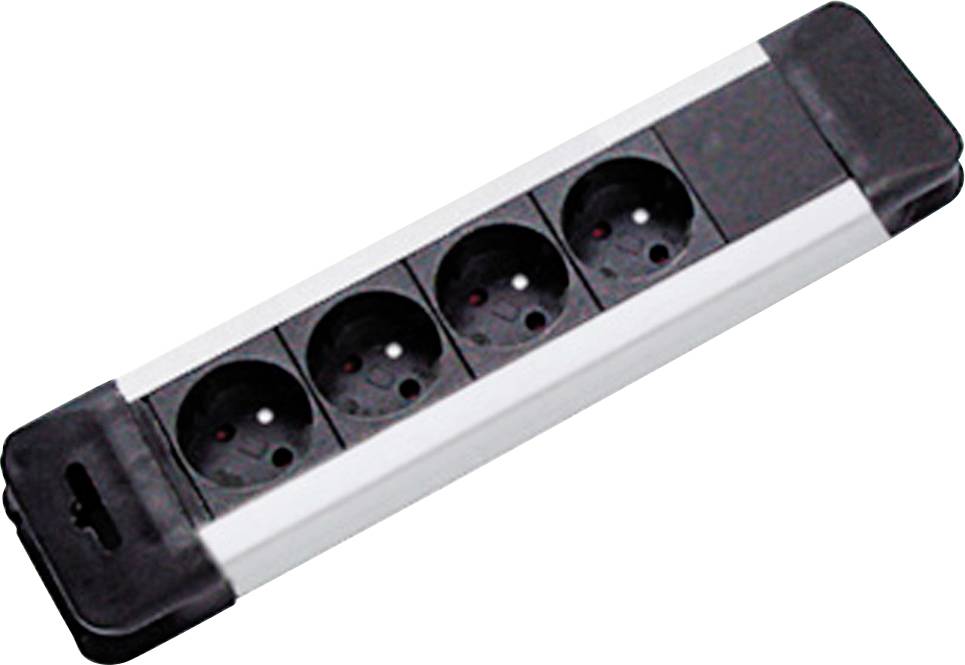 Eine schwarzweiße Steckerleiste mit fünf runden Steckdosen in einer Reihe angeordnet.