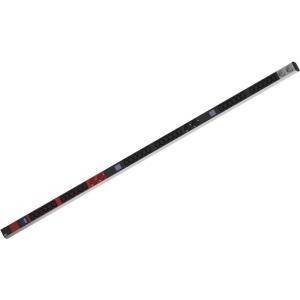 Ein langer, schmaler Hockeyschläger mit schwarzem, rotem und weißem Design, mit strukturiertem Griff und Branding-Details.