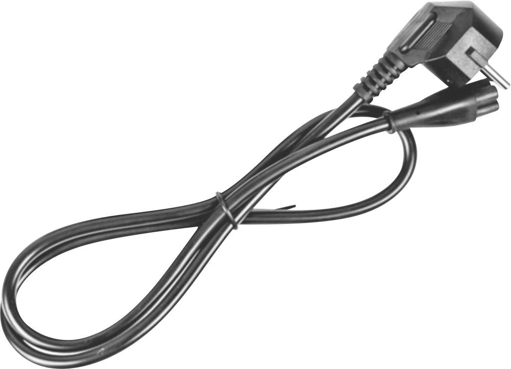 Ein schwarzes Stromkabel mit einem zweipoligen Stecker und einer Verbindungsbuchse, ordentlich aufgerollt mit einer Kabelbinder in der Mitte.