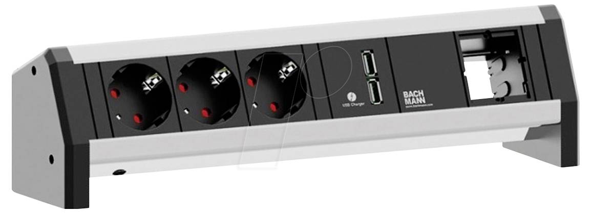 Steckdosenleiste mit drei europäischen Steckdosen, zwei USB-Anschlüssen und einem leeren Platz, dargestellt in einem eleganten schwarzsilbernen Design.