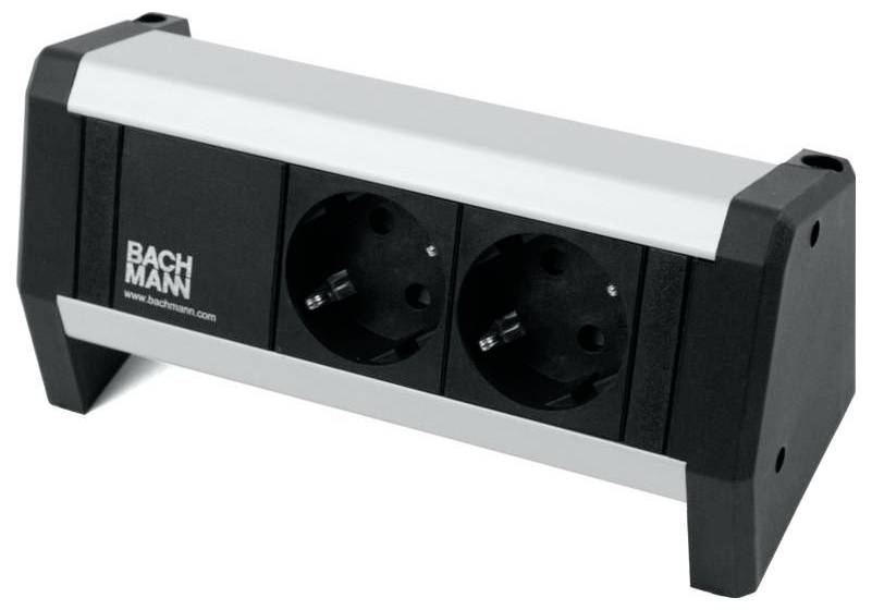 Steckerleiste mit zwei europäischen Steckdosen, horizontal in einem schwarz-silbernen Gehäuse montiert.