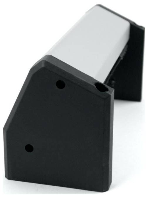 Eine schwarz-graue Wandhalterung mit dreieckiger Basis und zwei Schraubenlöchern, entworfen zum Montieren oder Stützen von Objekten auf einer ebenen Fläche.