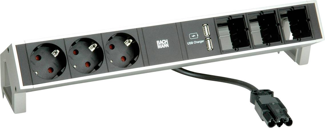 Steckerleiste mit drei europäischen Steckdosen, zwei USB-Anschlüssen zum Aufladen und vier Netzwerk-Anschlüssen. Verbunden durch ein schwarzes Kabel.