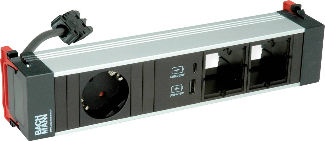 Eine Steckerleiste mit einer europäischen Steckdose, zwei USB-Anschlüssen und zwei leeren Steckplätzen, entwickelt für flexible Stromversorgung und Datenverbindungen.