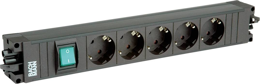 Eine schwarze Steckerleiste mit fünf europäischen Steckdosen und einem grünen Ein-/Ausschalter.