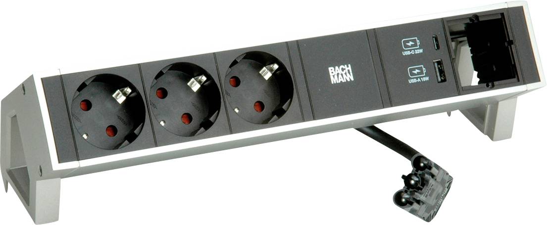 Eine auf dem Schreibtisch montierte Steckdosenleiste mit drei europäischen Steckdosen, einem Ethernet-Anschluss und USB-Ladeanschlüssen. Sie ist silberfarben und verfügt über mehrere Verbindungsoptionen.