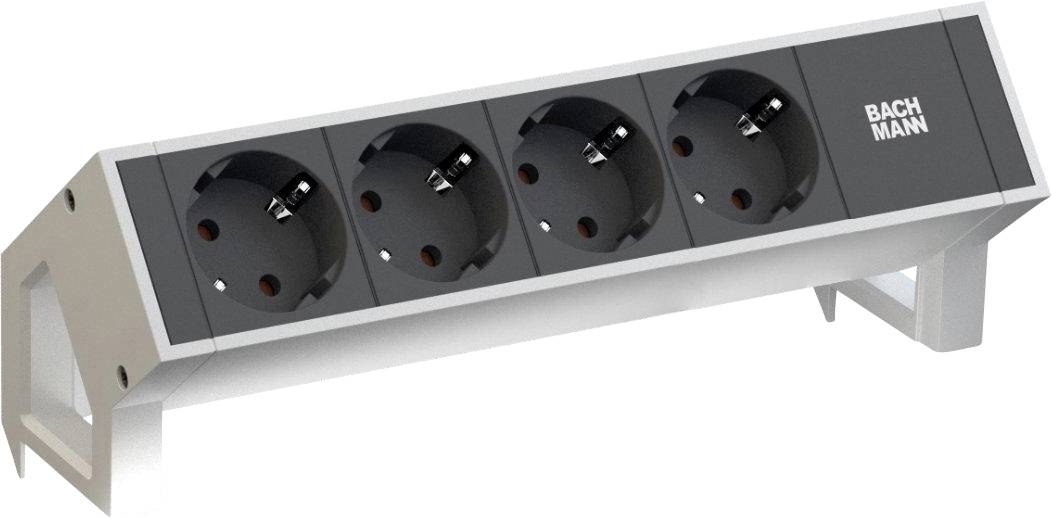 Eine Steckdosenleiste mit vier Steckdosen in schräger Anordnung, für den Bürogebrauch konzipiert, mit der Beschriftung 