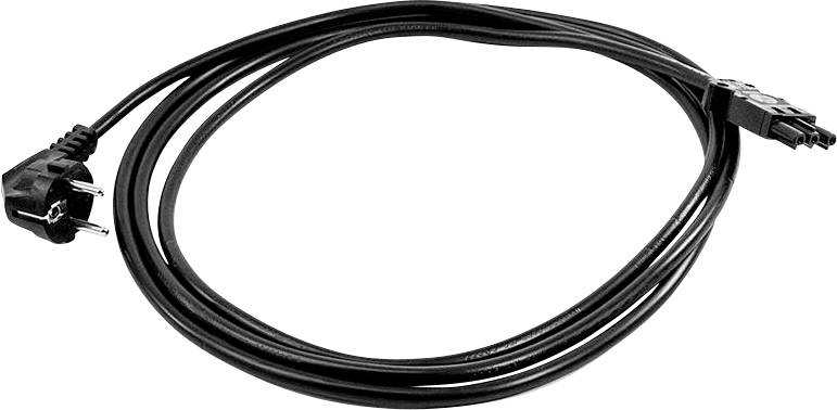 Ein schwarzes Stromkabel mit einem europäischen Stecker auf der einen Seite und einem dreipoligen Stecker auf der anderen Seite.