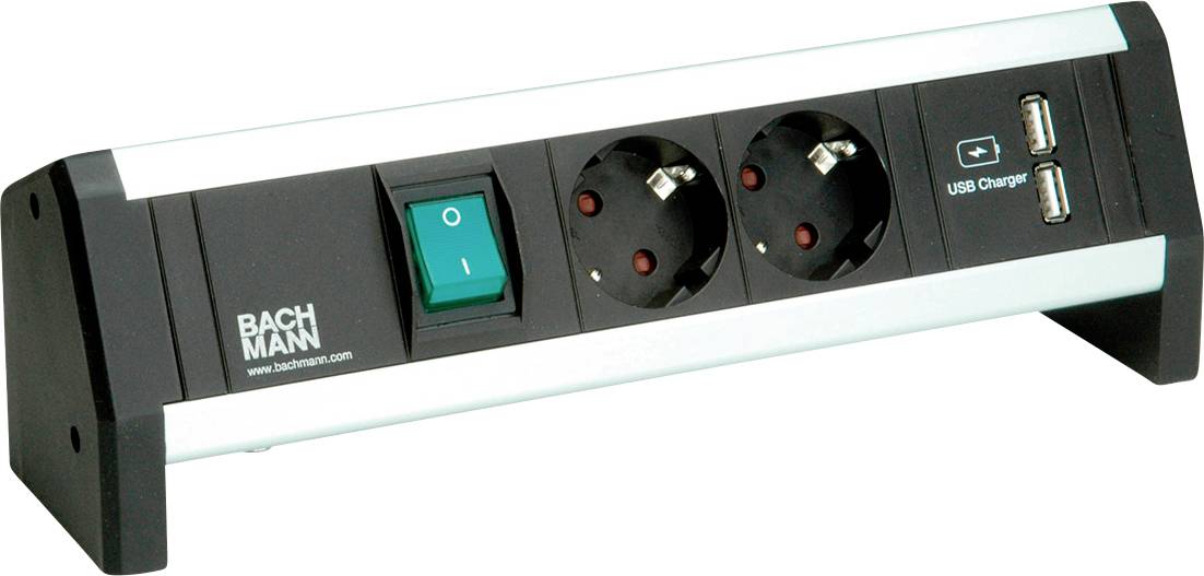 Steckerleiste mit grünem Schalter, zwei europäischen Steckdosen und zwei USB-Ladeanschlüssen, gekennzeichnet mit 