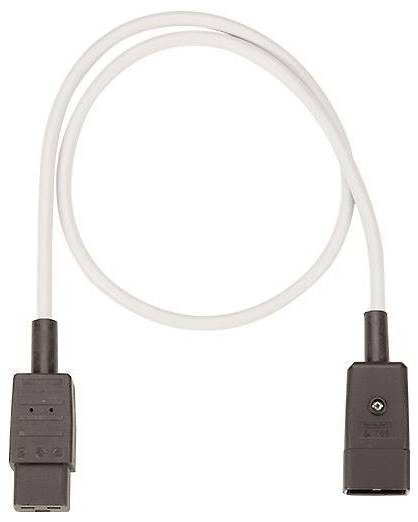 Ein weißes Verbindungskabel mit dunklen Steckern an jedem Ende, das zum Verbinden von Geräten oder Ausrüstungen verwendet wird.