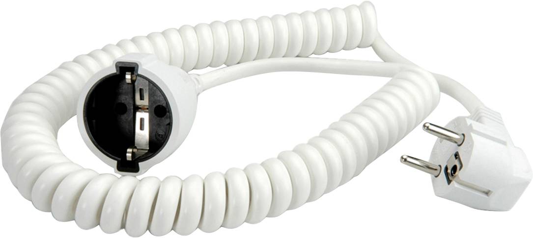Ein aufgerolltes weißes Stromverlängerungskabel mit europäischem Stecker und Buchse.