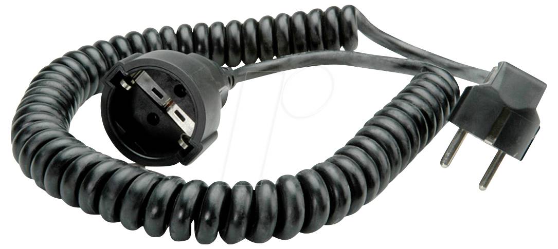 Ein aufgerolltes schwarzes Stromkabel mit einem europäischen Stecker auf der einen Seite und einem nordamerikanischen zweipolrigen Stecker auf der anderen Seite.