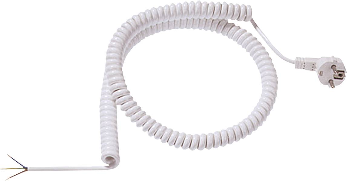 Ein aufgerolltes weißes Stromkabel mit einem freigelegten Ende, das drei farbcodierte Adern zeigt, und einem europäischen Stecker am anderen Ende.