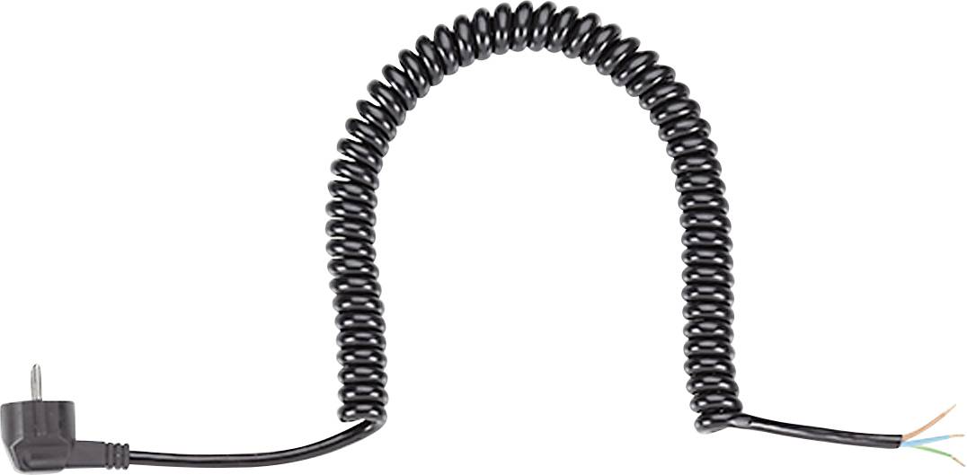 Ein schwarzes spiralförmiges Kabel mit einem abgewinkeltem Stecker an einem Ende und freigelegten mehrfarbigen Drähten am anderen Ende.