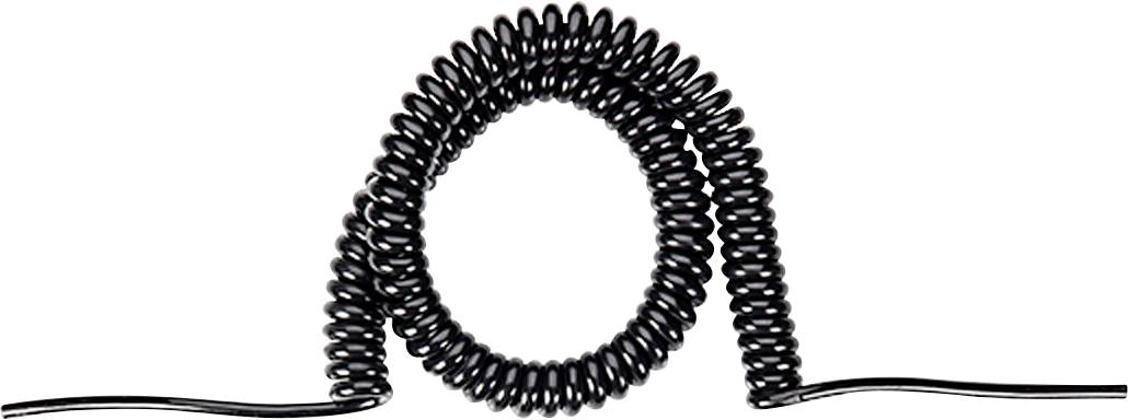 Ein schwarzes aufgerolltes Kabel bildet eine Spirale in der Mitte, wobei sich seine Enden in entgegengesetzte Richtungen gegen einen weißen Hintergrund erstrecken.