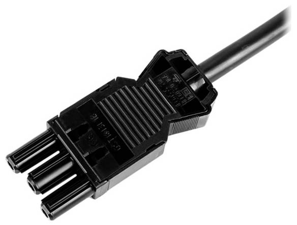 Ein schwarzer Tr1-Stromverbinder mit drei zylindrischen Stiften, typischerweise verwendet zum Anschließen bestimmter Arten von Unterhaltungselektronik.