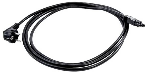 Ein schwarzes Stromkabel mit einem europäischen Stecker auf der einen Seite und einem zweipoligen Anschluss auf der anderen Seite.