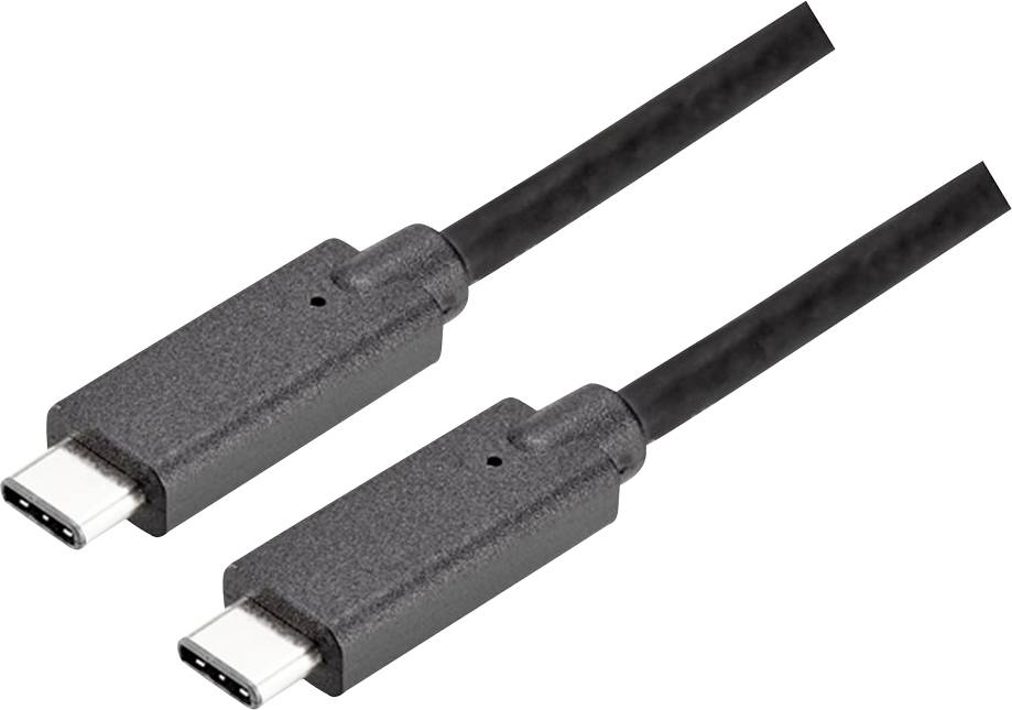 Zwei schwarze USB-C-Kabel mit identischen Steckverbindern, die in entgegengesetzte Richtungen zeigen, auf weißem Hintergrund.