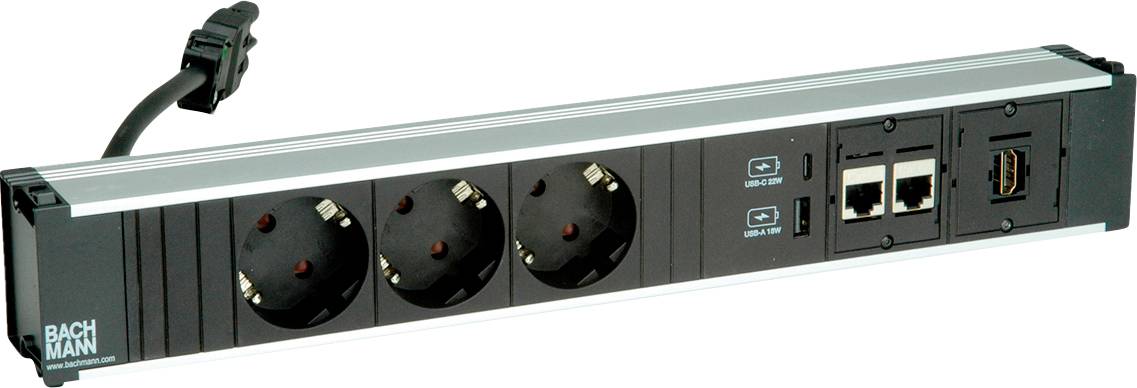 Eine Steckdosenleiste mit drei europäischen Steckdosen, zwei USB-Anschlüssen, zwei Ethernet-Anschlüssen und einem HDMI-Anschluss, geeignet für die Büronutzung.