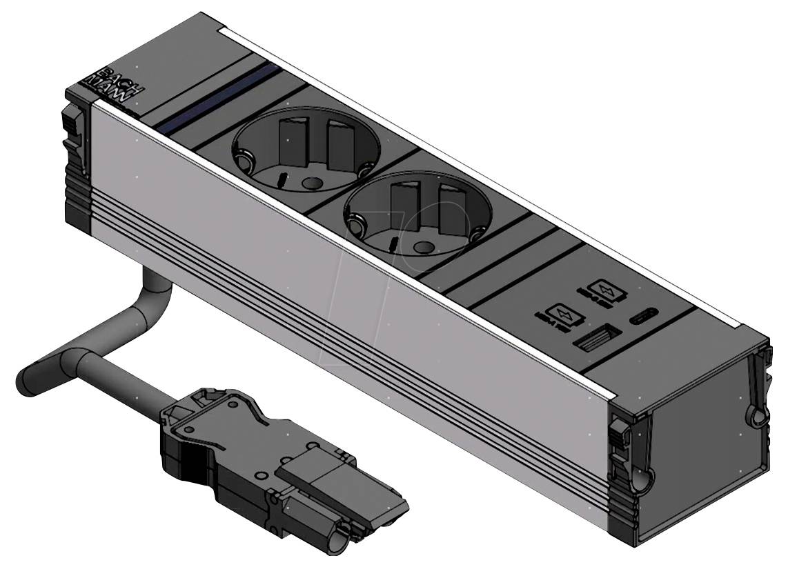 Eine wandmontierte Steckdosenleiste mit zwei runden Steckdosen, USB-Anschlüssen und Schaltern. Ein Kabel mit Stecker ist angebracht, was auf einfache Konnektivität hindeutet.