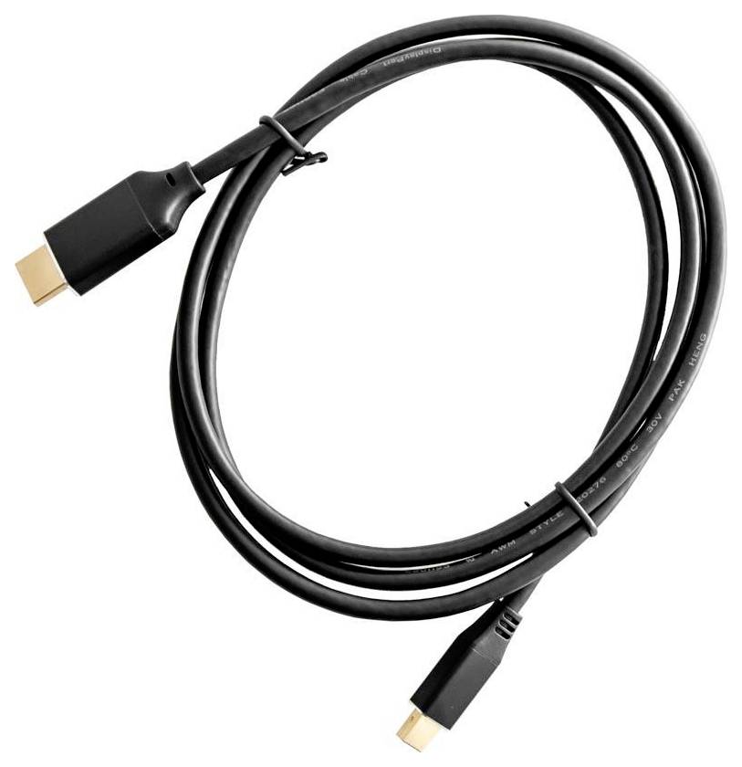Ein schwarzes HDMI-Kabel mit Steckverbindern an beiden Enden, zu einem Kreis aufgerollt.