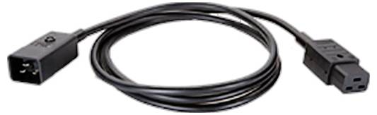 Ein schwarzes Stromverlängerungskabel mit C14-Stecker auf der einen Seite und C13-Buchse auf der anderen Seite, das zum Verbinden kompatibler elektronischer Geräte verwendet wird.